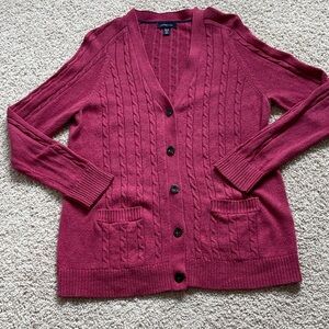 Lands End Petite Medium Raspberry Cable Knit Cardigan Sweater
